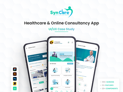 Healthcare and Online Consultancy (SynCare) brand identity doctor consultancy app doctors app health care app healthcare app hospital hospital app medical app mobile app design mobile app ui online consultancy app online doctor app patient care app tele care telemedicine ui design uiux uiux case study ux research
