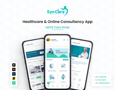 Healthcare and Online Consultancy (SynCare) brand identity doctor consultancy app doctors app health care app healthcare app hospital hospital app medical app mobile app design mobile app ui online consultancy app online doctor app patient care app tele care telemedicine ui design uiux uiux case study ux research
