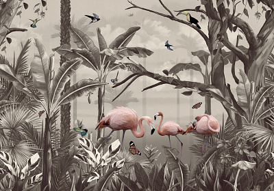 tropical forest wallpaper with Flamingo palm trees flamingo forest graphic design tropical wall
