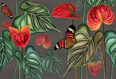 anthurium flowers red flower with leaves plants with butterfly anthurium butterflies design flower forest graphic design hand drawing illustration tropical wall