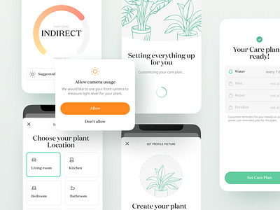 Plant Care App UI add app branding check feature flow houseplants illustration lightmeter list mobile paid plant plantapp plantcare plantshop progress ui uikit ux