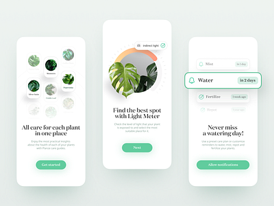 Onboarding UI for Plant Care App app onboarding button checkbox chips container elevation light meter list monstera notification onboarding plant plant app plant care plant care app plant shop plants progress reminder app ui