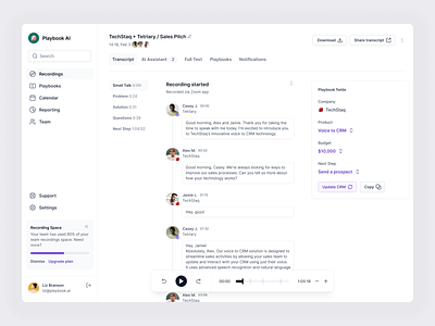 Transcript Page — Playbook AI ai assistant call recorder crm design desktop mvp nlp pitch platform playbook player sales transcript ui ux video call web