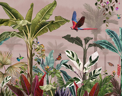 palm trees, plants, birds, butterflies and macaw parrot butterflies forest graphic design illustration tropical wall