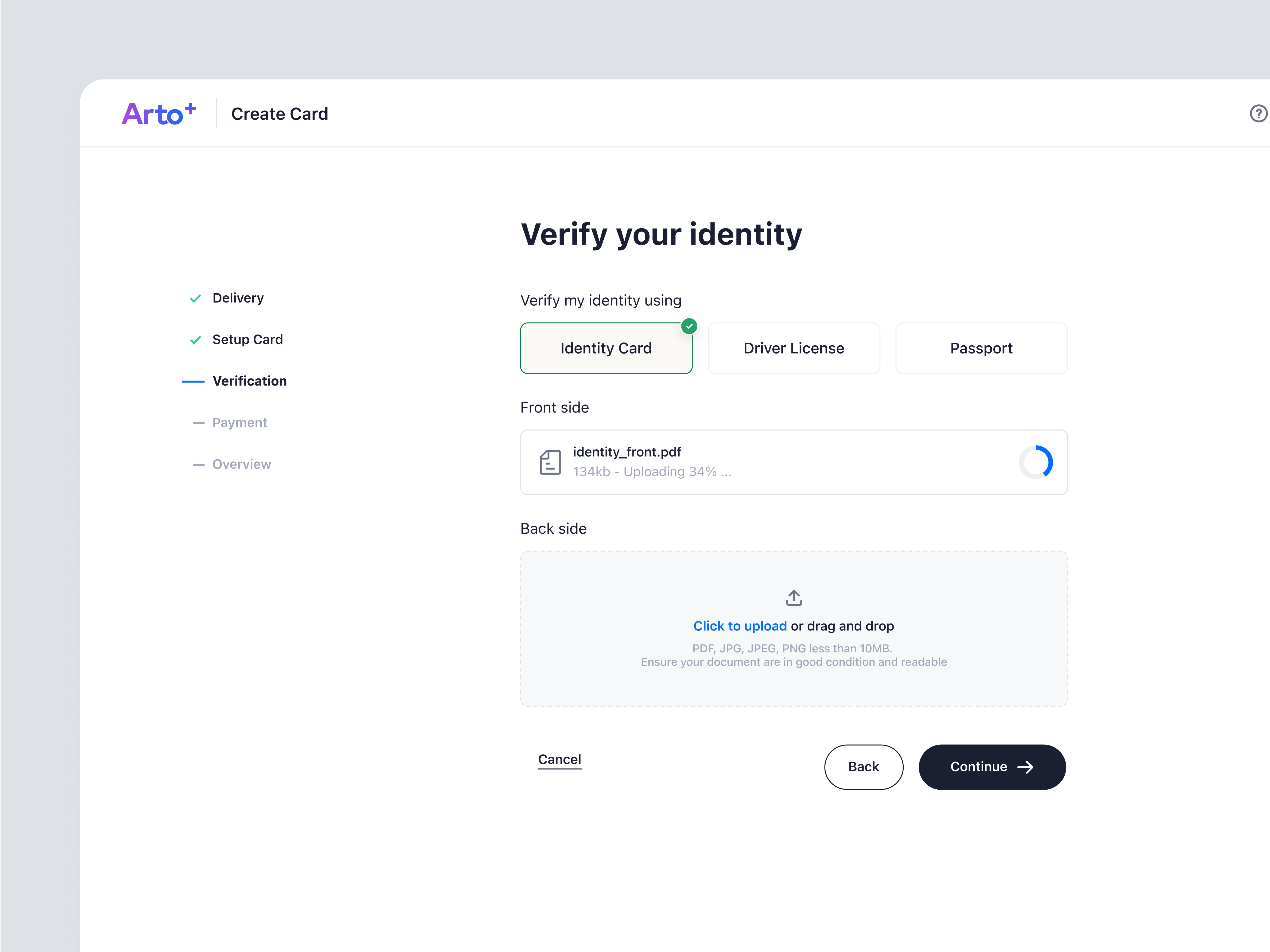 Arto Plus - Verification to Create Card in SaaS Payment System app create card financial identity card management payment product design saas saas design ui uploading ux verification web design