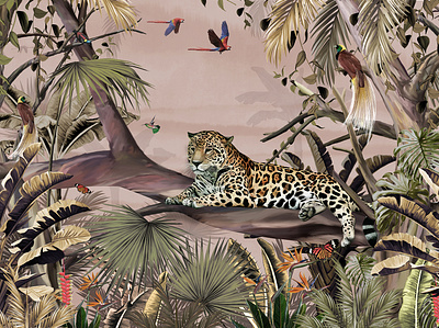 Wallpaper a jaguar animal background tropical forest butterflies design forest graphic design illustration jaguar tropical wall