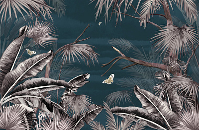 Wallpaper Tropical trees Palm and white Vintage butterflies design flower forest graphic design illustration palm tropical wall