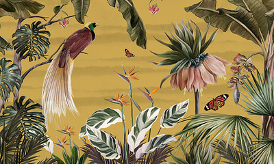tropical jungle wallpaper palm trees birds of paradise birds of paradise butterflies design flower forest graphic design illustration leaves palm tropical wall