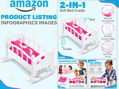 Amazon Listing Infographics Images || Doll Bed Cradle a content adobe illustrator adobe photoshop amazon amazon infographics amazon listing amazon listing images ebc enhanced brand content graphic design infographics listing design listing images