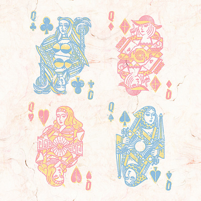 Queen Court Cards artifact cards court cards face cards figure drawing games halftone halftones illustration modern playing cards queens riffle shuffle sirocco stylized texture vector weathered