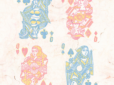 Queen Court Cards artifact cards court cards face cards figure drawing games halftone halftones illustration modern playing cards queens riffle shuffle sirocco stylized texture vector weathered