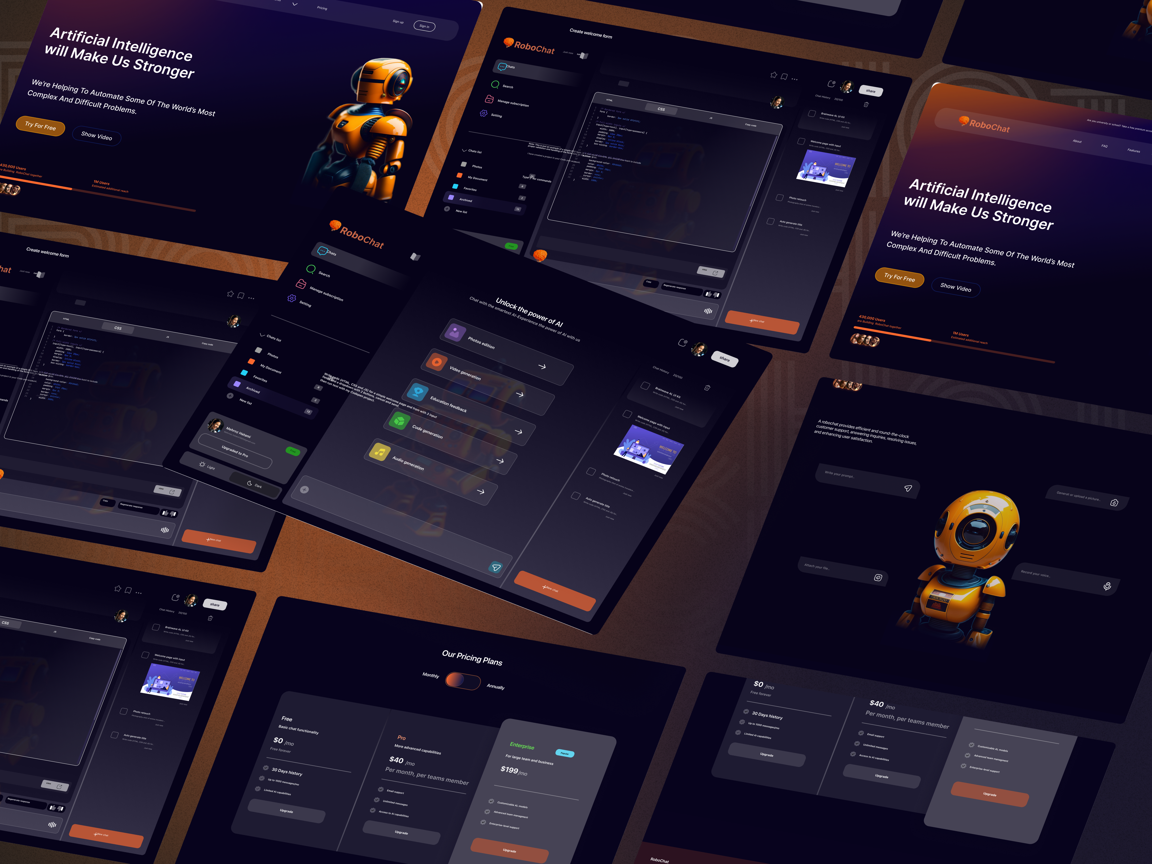 RoboChat Landing page and dashboard ai chatbot darkmode dashboard design herosite landingpage robochat ui uidesign