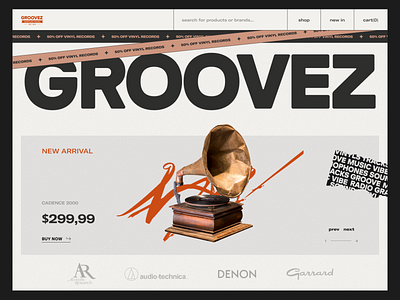 Groovez - vintage music shop beige black branding cool gramophones graphic design orange retro typography ui uiux urban vintage vinyl records web design website