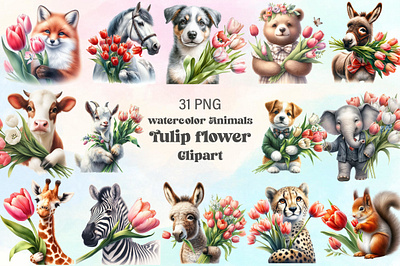 Cute Animals and Tulip Flower Clipart animals and tulip retro t shirt design