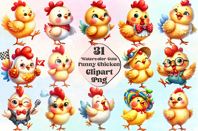 Watercolor Cute Funny Chicken Clipart animation branding design easter graphic design illustration logo motion graphics retro t shirt design