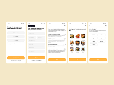 Sign Up & Onboarding Screens | Cooking App for Kids cooking app kids app kitchen app mobile app onboarding product design sign up ui ui design ux design virtual kitchen
