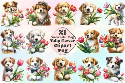 Watercolor Cute Dog Tulip Flower Bundle beauty