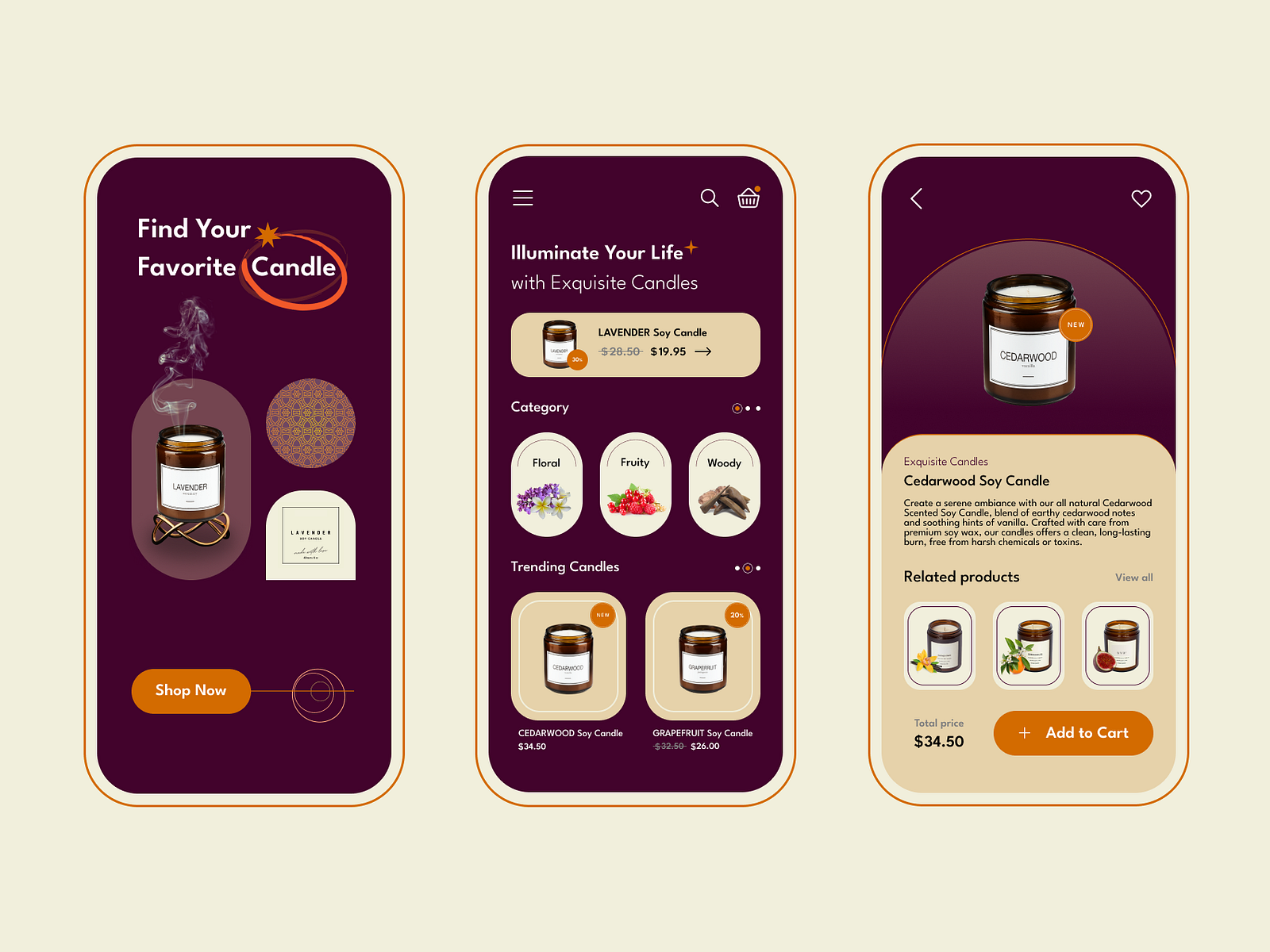 Candle shopping app design by Ioana Andreea on Dribbble