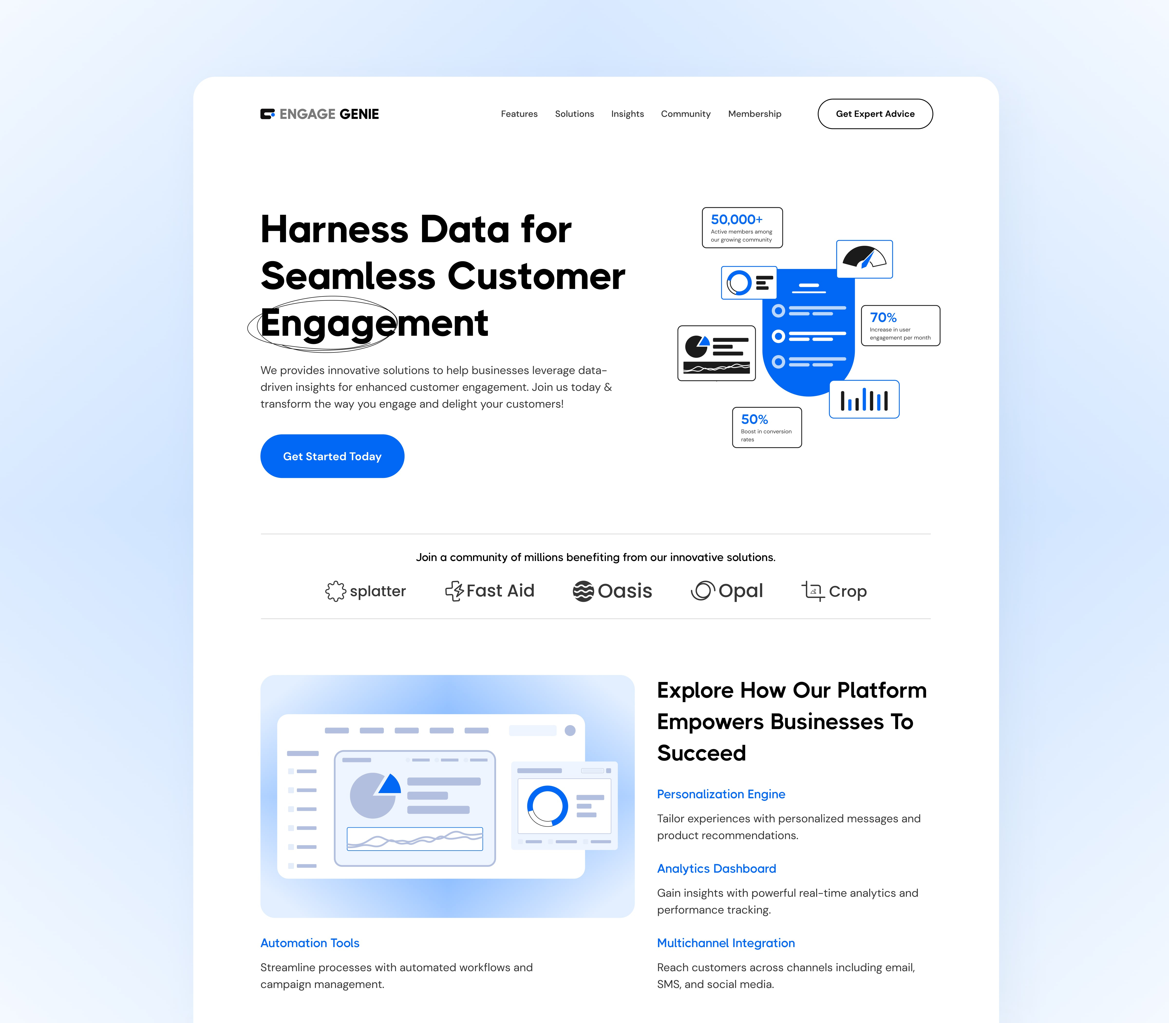 EngageGenie Website Landing Page Design card website customer data design engage genie hero section home page landing page minimal modern product website social trendy design ui uiux design web web layout webdesign