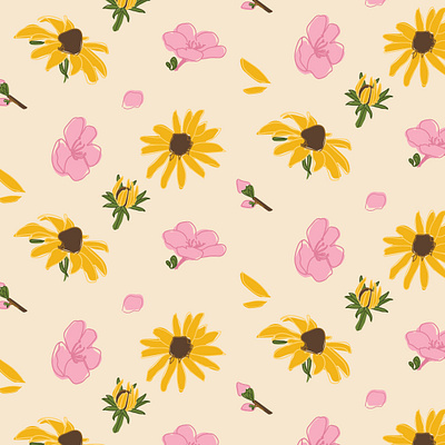 Maryland & Delaware State Flowers black eyed susan cherry blossoms delaware earthy florals flowers illustration line drawing maryland offset pattern pink yellow
