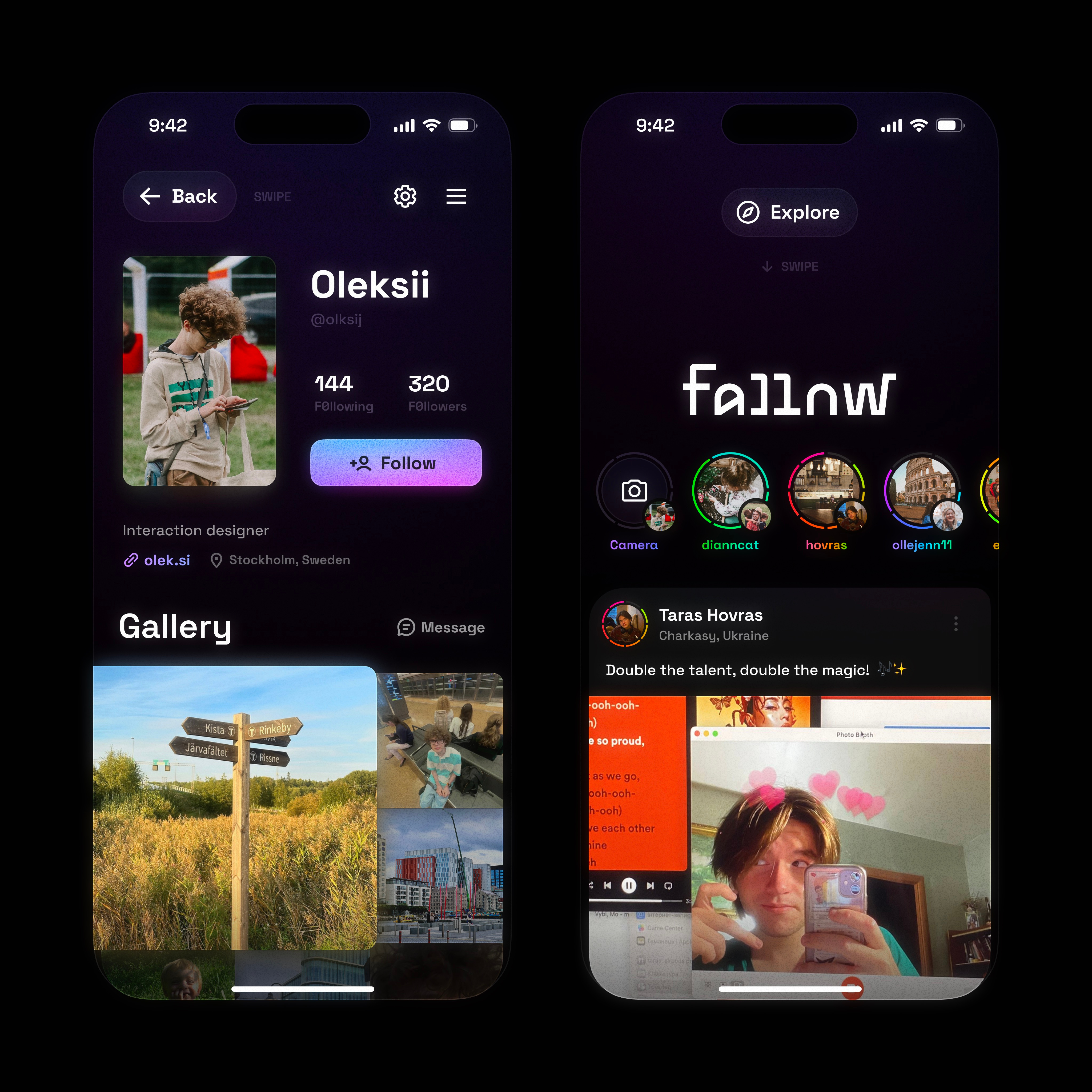 Follow – Social Media app design feed glow mobile neon profile social swipe ui