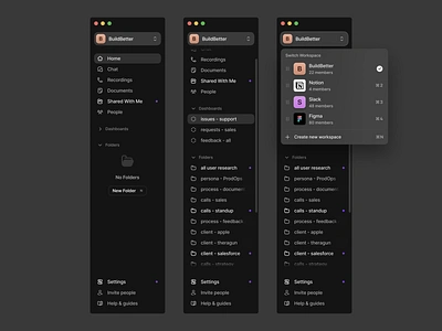 BuildBetter - Navigation dashboard sidebar v2 ai app buildbetter dark theme dashboard design design system dropdown interface light theme menu minimal navigation sidebar ui user experience user interface ux web workspace