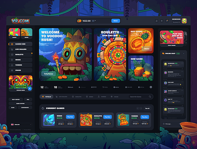 Voodoo Rush: Casino Hub betting bonus casino crash dealer dice gambling illustration jungle mines online casino roulette slot game slot machine towers ui web web design wheel win