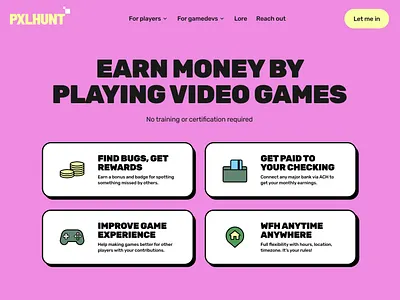 PXLHUNT - Home Page hard shadow hero section home page lime pink platform product design ui ux vector illustration video games web design