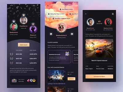 Live Game Streaming App app design award dark game game app gamer live show match mobile app mobile design play player product design profile ranking stream streaming video watching