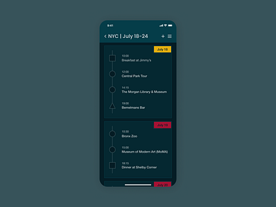 Daily UI #079 - Itinerary app branding clean daily ui design graphic design holiday itinerary menu minimal mobile nyc shapes trend trip ui usable ux vacation vertical