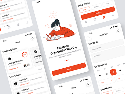 Task manager app UI/UX design android app android app design app design application design branding figma figma design figma mobile app ios app ios app design mobile app design product design red task manager task manager app to do list app uiux uxthrill white