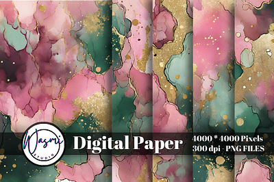 Alcohol Ink Pink & Green & Gold Abstract Background alcohol ink background graphic design pink stains watercolor