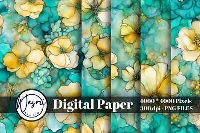 Alcohol Ink Yellow & Teal Flowers Background alcohol ink background flower flowers graphic design watercolor