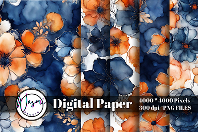 Alcohol Ink Navy & Orange Flowers Background alcohol ink background flower flowers graphic design stains watercolor