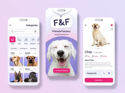 Friends Factory 2024 adopt pet adoption android animals app app design application cat design dog inspiration ios mobile pet adoption pet care pets ui uiux ux
