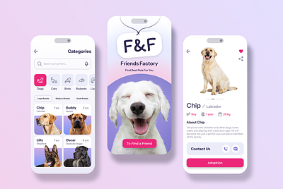 Friends Factory 2024 adopt pet adoption android animals app app design application cat design dog inspiration ios mobile pet adoption pet care pets ui uiux ux