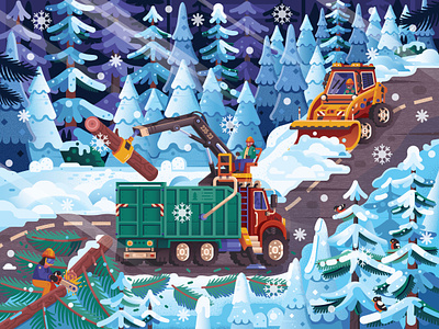 Forestry Truck on Snowy Road bucket cars cleaning clearing fallen flat design forest forestry illustration logging lumber road services snow snowy timber tree truck vehicle wood