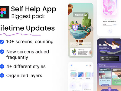 Self Help app Design UI KIT Pack app design app ui kit meditation meditation app mobile app ui kit mobile mockup mobile ui kit self care self care app self development self help self help app design ui kit pack self love ui kit wellness app wellness coach wellness life