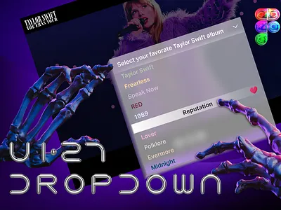 UI 27_Dropdown 3d 3d surrealism dailyui dark mode dropdown figma generative art purple surreal taylor swift the eras tour ui ui 27 website