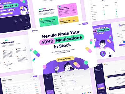 Needle Website adhd colorful fun help hero illustration landing page medical medication needle pills ui user interface ux web design website