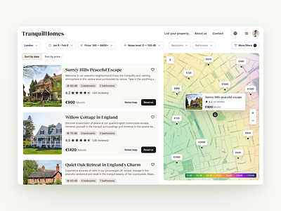 Real Estate Desktop App apartmentsearch booking bookingdesign bookingproperty calmdesign environmentaldesign filteroptions homesearch interactivemap invironmentaldesign noisepollution pollution property listings propertysearch realestate rentaldesign rentalplatform rentalsearch ui ux