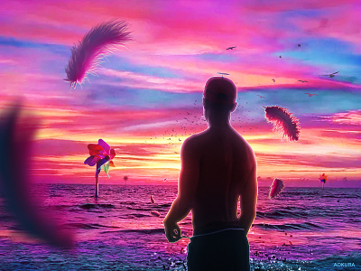 ✨ beach boy breeze dreamscape dreamy feather graphic design illustration ocean photoshop pink pinwheel sea sky summer sunrise sunset water waves