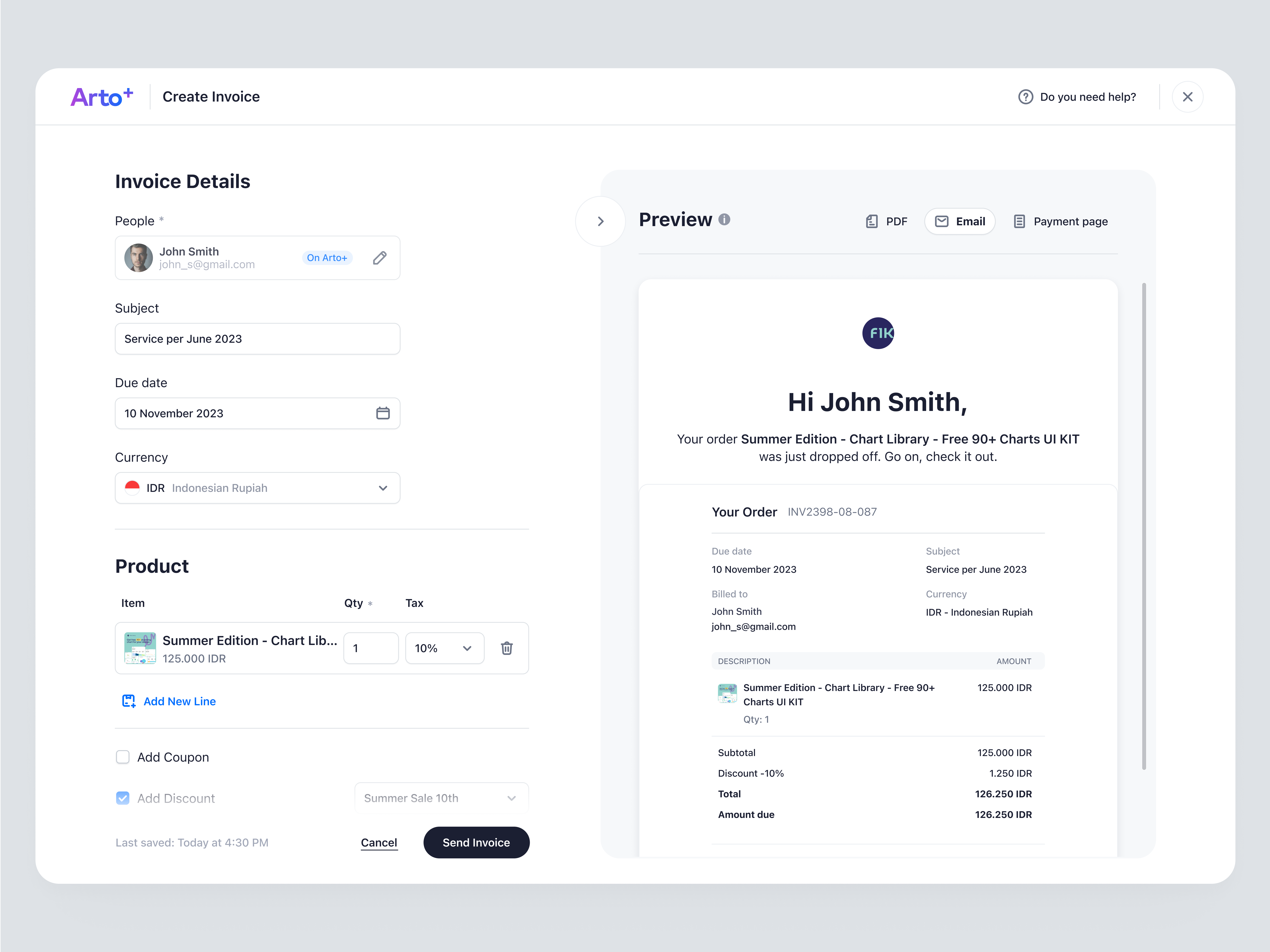 Arto Plus - Create Invoice Details in SaaS Payment System app create invoice design email email preview financial invoice invoicing management payment product design saas saas design ui ux web design