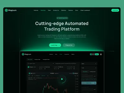 Hero Section Design for Magnum app bot green hero section modeern website trading ui design