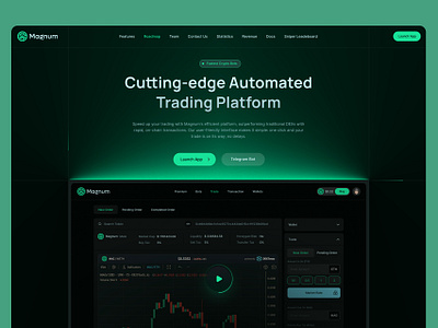 Hero Section Design for Magnum app bot green hero section modeern website trading ui design