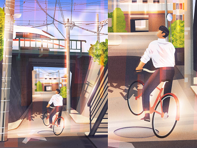 Somewhere in Japan bicycle character design design illustration japan nature product street train ui vector webdesign