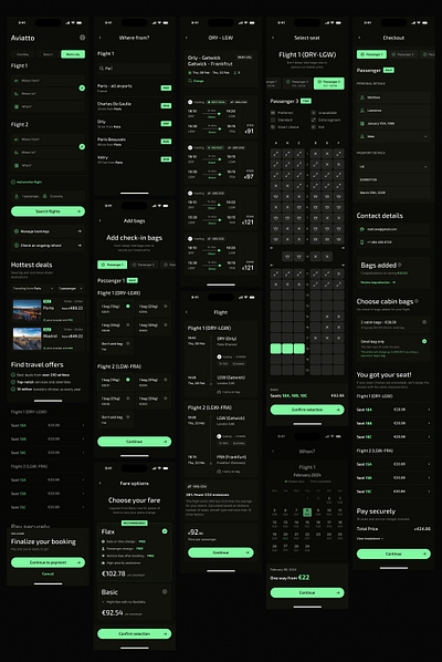 Aviatto - Flight Booking Mobile UI/UX Kit booking app clean dark mode figma template flight booking graphic design mobile app mobile ui ui ux