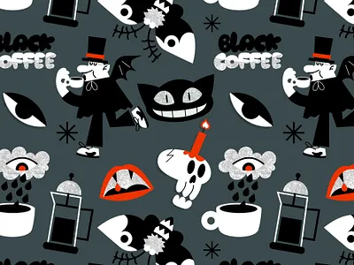 Exhausted Vampire 2d art beverages cartoon cat characterdesign coffee design doodle food illustration kawaii retro vampire vectorart whimsical