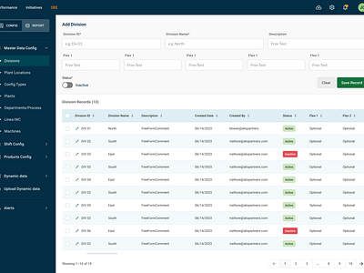 OEE Divisions landing oee product shift table ui ui ux