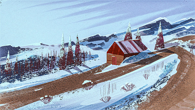 Virtual Plein Air 2d alaska arctic barn digital painting greenland ice illustration landscape mountain plein air road shed snow tree winter